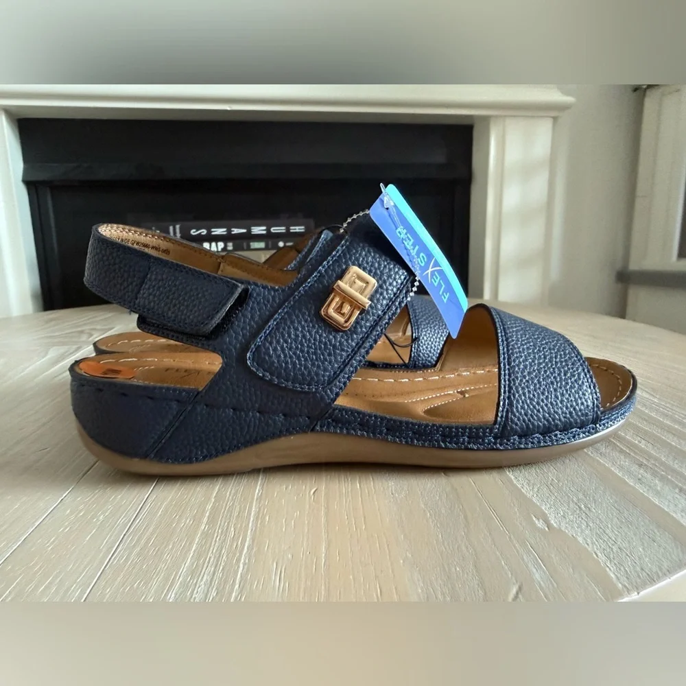 Flex Step|Navy Blue Sandals with Tan Accents,double strap faux leather•••NWT,11 - Picture 6 of 13